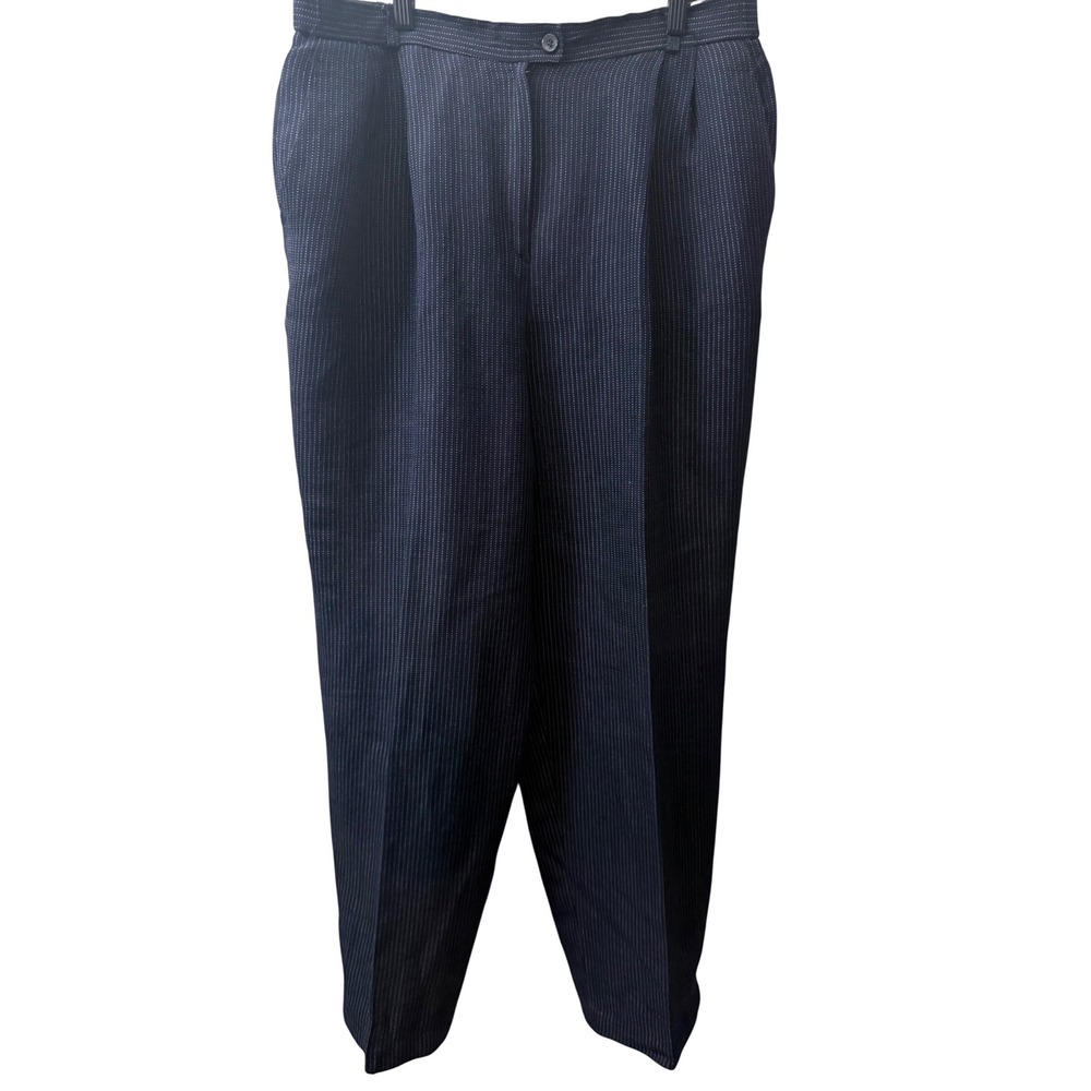 Harve Benard Navy Blue Pinstripe Linen Blend Pleated Trousers Size 16 13M 609 46